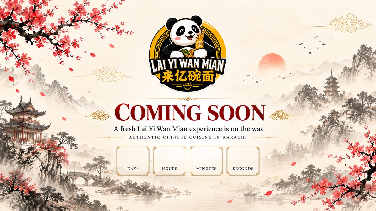 Lai Yi Wan Mian panda logo over a Chinese ink landscape with cherry blossoms, announcing: Coming Soon — authentic Chinese cuisine in Karachi.